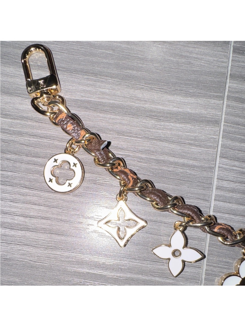 Fashion Jewelry Gold and White Charm Key/Card Holder with Brown Weave